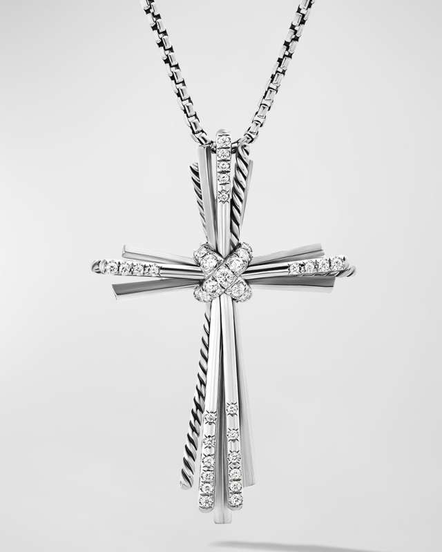 Angelika Cross Necklace with Diamonds in Silver, 39mm, 17-18"L